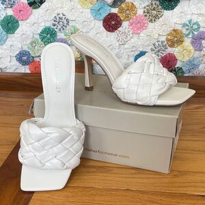 Marc Fisher White Braided Heeled Sandals Slip On Square Toe Women’s Size 6.5 M